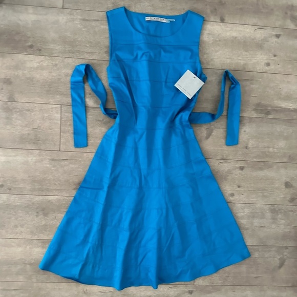 New Andrew Marc New York Teal Blue Fit and Flare Sleeveless Dress Size 2 Belted - Picture 1 of 15
